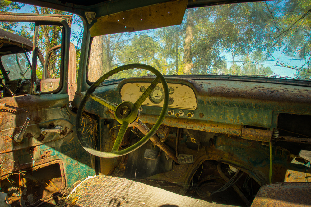 interior of rusting Ford truck